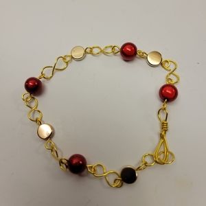Gold Wire Wrapped and Red Bead Bracelet